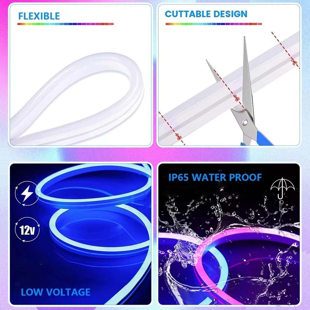 LED Neon Rope Light Strip — 32.8ft, IP67 Waterproof, App & Remote Control, Music Sync