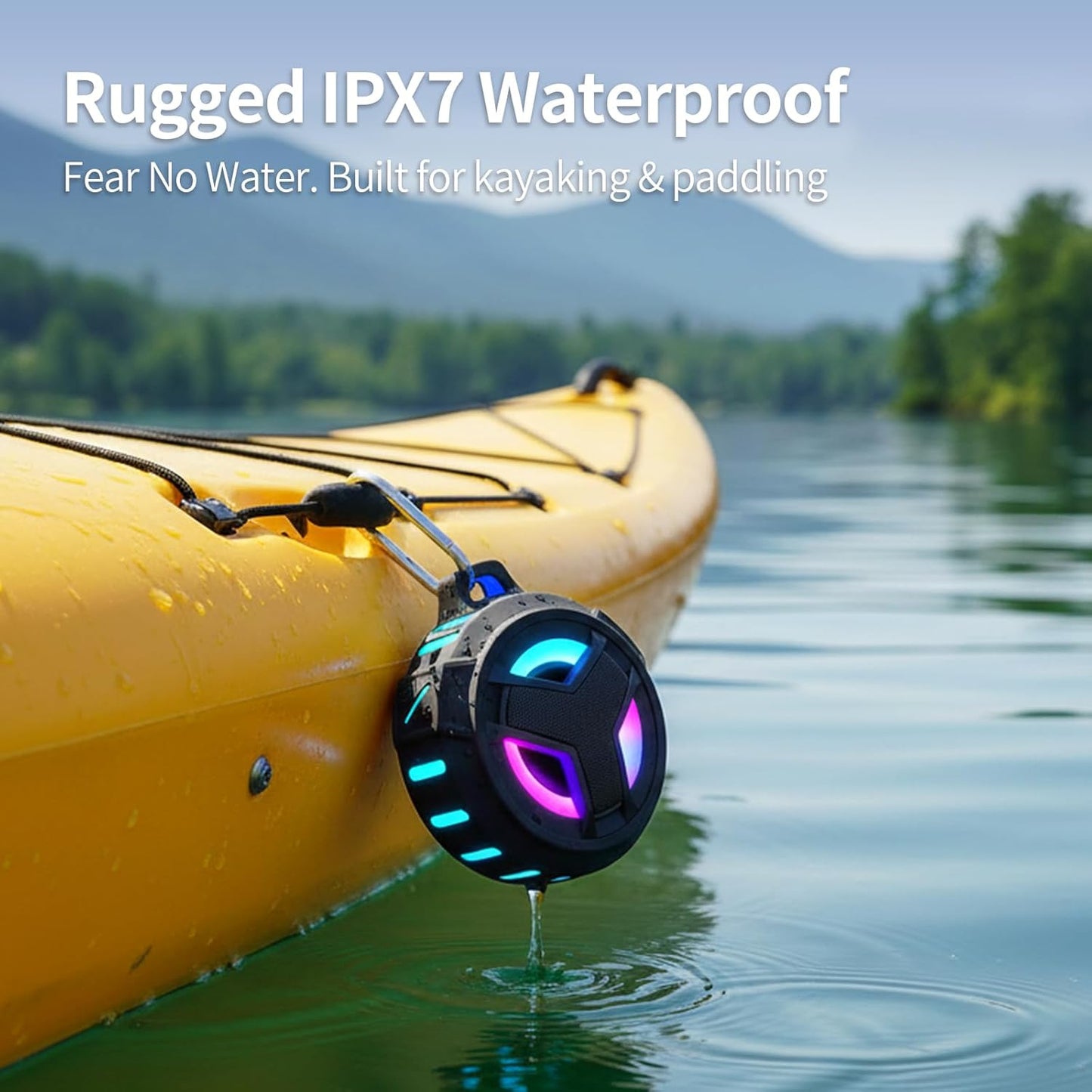 Portable Waterproof Bluetooth Speaker — IP67 Floating Speaker with LED Light, True Wireless Stereo (TWS), 2000mAh Battery, Ideal for Shower, Kayak, Beach & Hiking (Black)