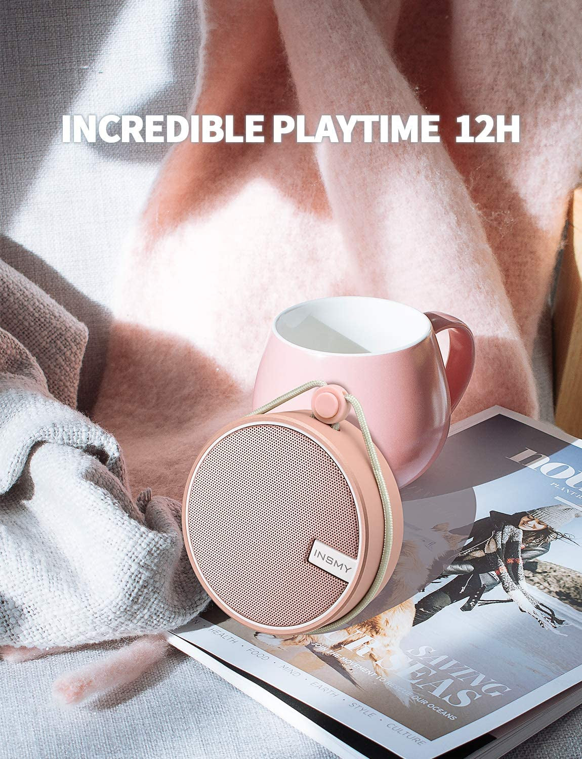 C12 Portable Bluetooth Speaker — IP67 Waterproof Shower Speaker with Suction Cup, Loud Clear Sound, TF Card Support, Ideal for Kayak, Beach & Outdoor Use (Pink)