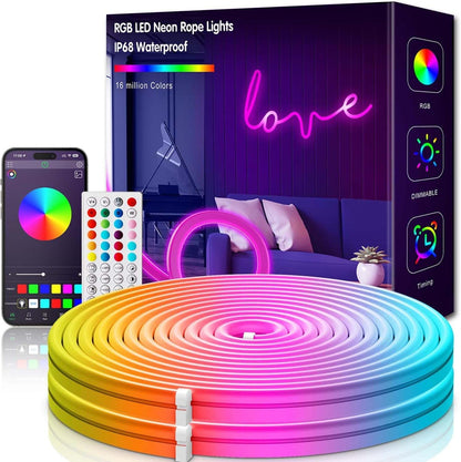 LED Neon Rope Light Strip — 32.8ft, IP67 Waterproof, App & Remote Control, Music Sync