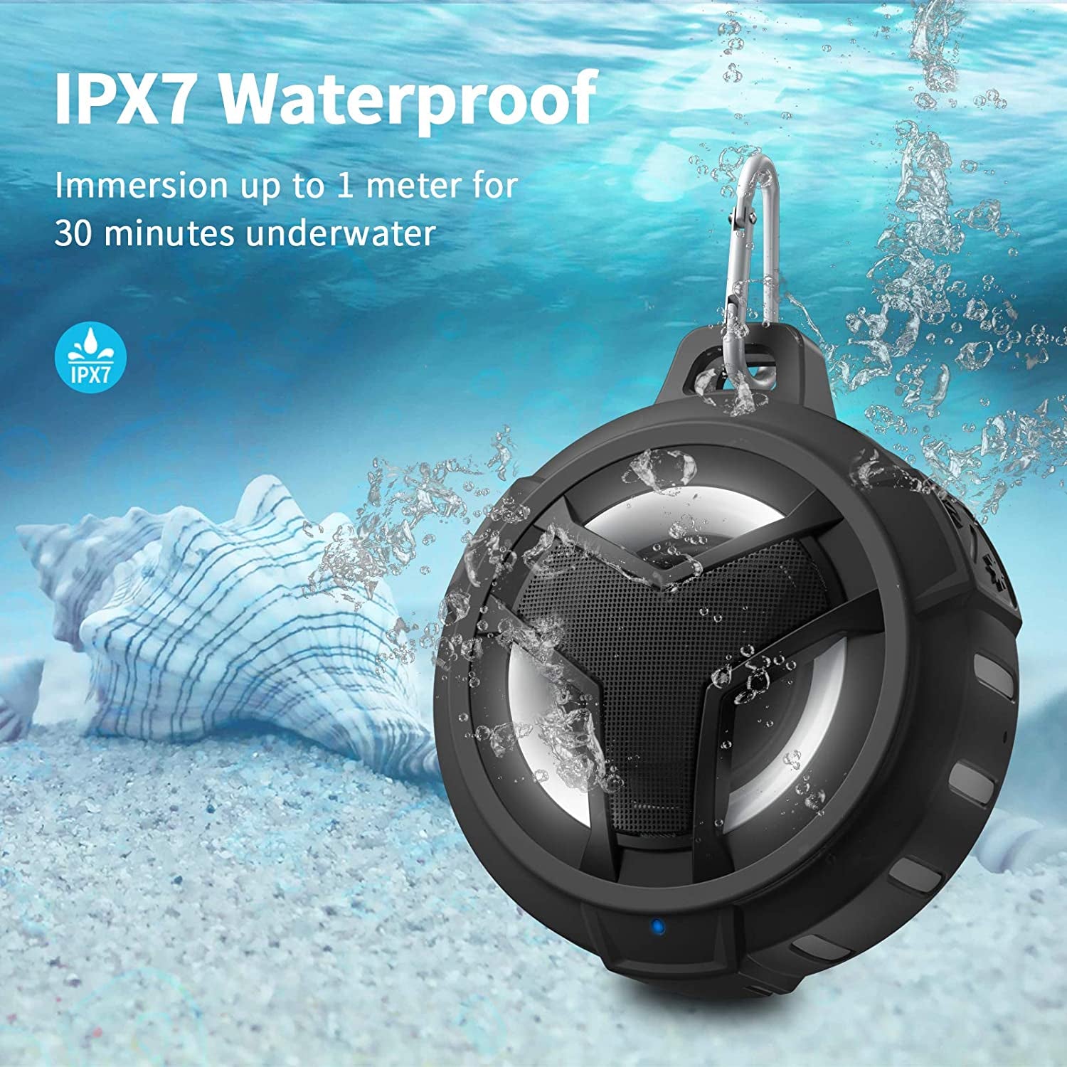 Portable Waterproof Bluetooth Speaker — IP67 Floating Speaker with LED Light, True Wireless Stereo (TWS), 2000mAh Battery, Ideal for Shower, Kayak, Beach & Hiking (Black)