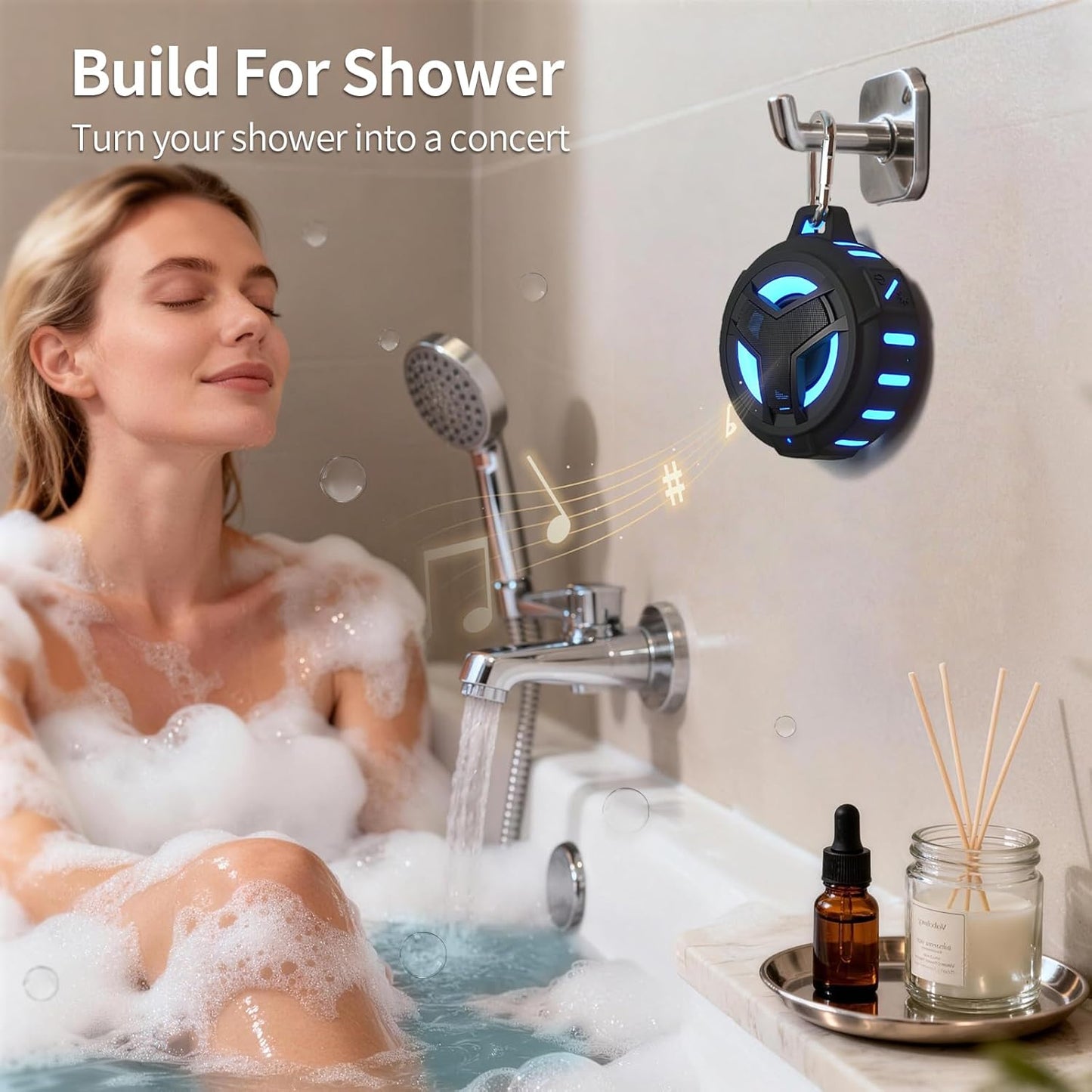 Portable Waterproof Bluetooth Speaker — IP67 Floating Speaker with LED Light, True Wireless Stereo (TWS), 2000mAh Battery, Ideal for Shower, Kayak, Beach & Hiking (Black)