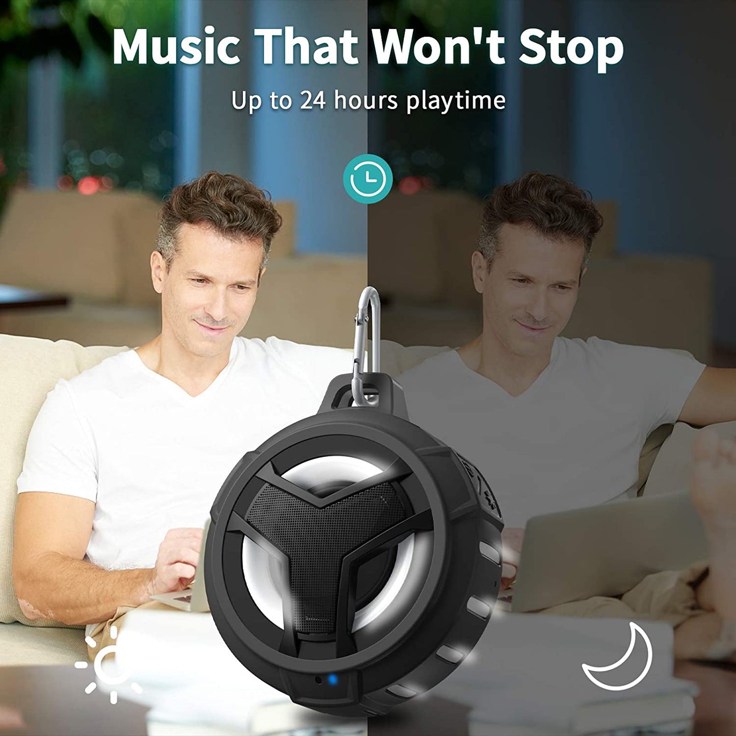 Portable Waterproof Bluetooth Speaker — IP67 Floating Speaker with LED Light, True Wireless Stereo (TWS), 2000mAh Battery, Ideal for Shower, Kayak, Beach & Hiking (Black)